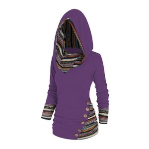 DRESSFO Women's Tribal Stripe Hooded Knit Top – Long Sleeve Pullover Sweatshirt with Mock Button Detail (Purple/2X)