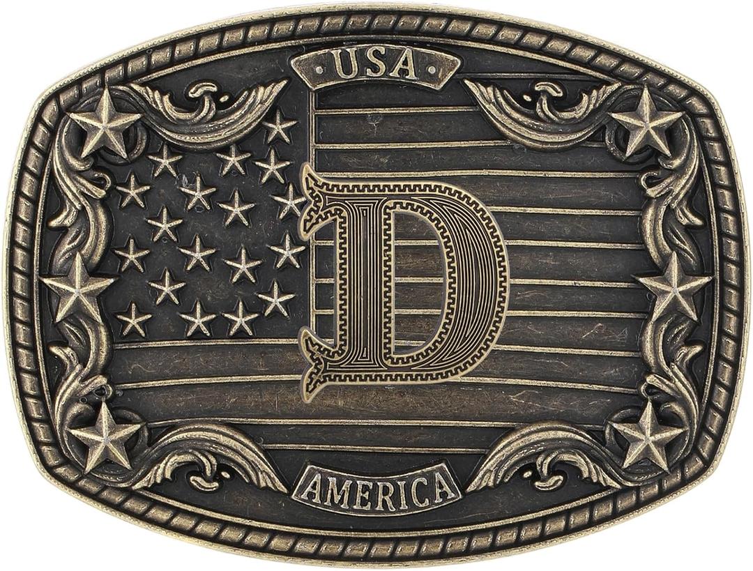 Western Belt Buckle for Men, Initial Letter A to Z American Flag Cowboy Belt Buckles Men Buckle Belt (D)