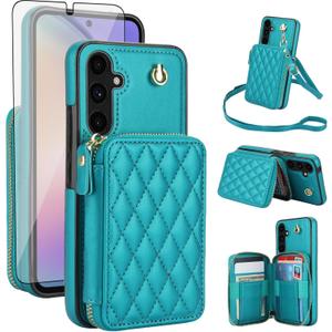 Phone Case for Samsung Galaxy A54 5G Wallet Cell Cover with Tempered Glass Screen Protector Wrist Crossbody Strap Stand RFID Blocking Credit Card Holder A545G A 54 54A 4G G5 SM A546U Women Girls Green