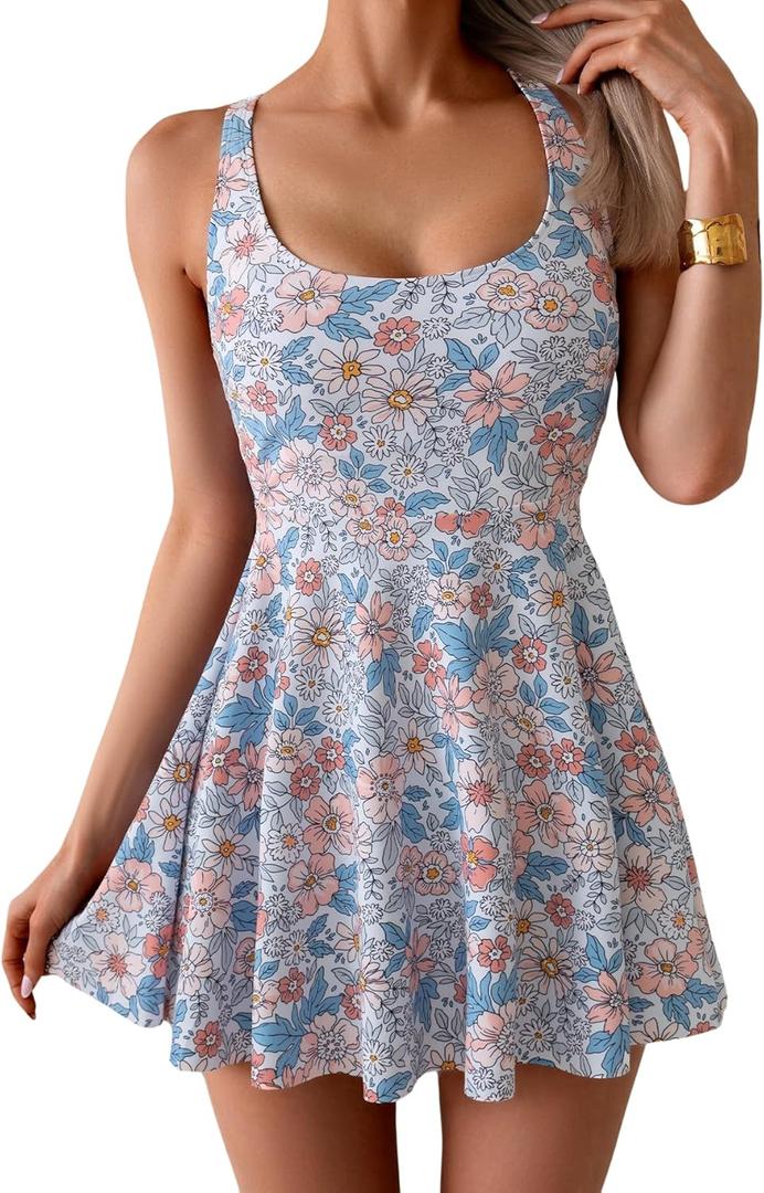 B2prity One Piece Swimdress Swimsuits for Women Tummy Control Swim Dress Cute Modest Skirt Bathing Suit (Large, Orange,floral Printed)
