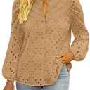 BETTE BOUTIK Women's Long Short Sleeve Tops 2025 Dressy Casual Button Hollow Out Lace Embroidered Blouses Shirts Size M