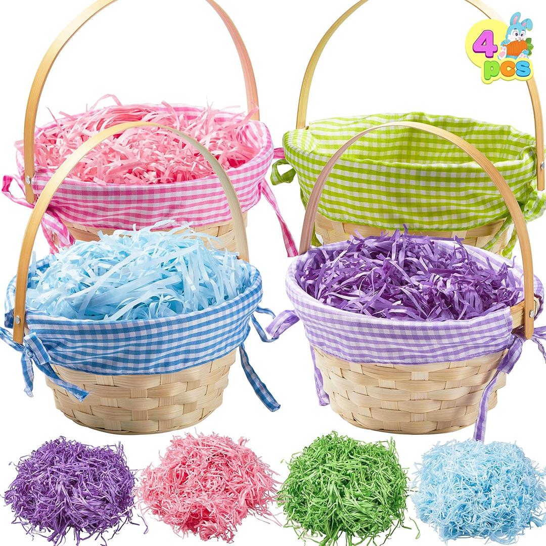 JOYIN 4 Pcs Easter Bamboo Baskets Gift Woven Baskets with Handles and 4 Colors Grass Paper Shreds, Candy Wicker Candy Toys StorageBucket for Easter Egg Hunt, Kids Party Supplies(9" X 8")