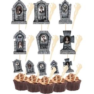 48 Pcs Halloween Cupcake Toppers Tombstones with 3D Changing Face Moving Pictures Skeleton Hand Tongs Graveyard Topper Halloween Cake Food Decoration Party Supplies (Brick Style)