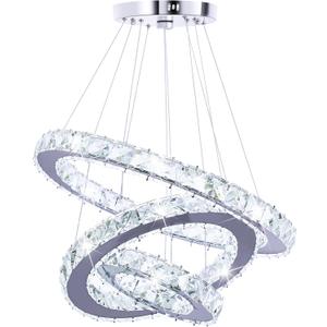 Crystal Chandeliers Modern LED 3 Ring Chandelier Adjustable Ceiling Light Fixtures Pendant Lighting Stainless Steel Hanging Lights for Living Room Dining Room Bathroom Bedroom, Cold White (Round)