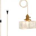 Plug in Pendant Light for Ceiling, 7.09 Inch Vintage Light Fixtures Clear Glass Lampshade 14Ft Hanging Lights with Plug in Cord On/Off Switches Industrial Pendant Lights for Bedroom Living Room