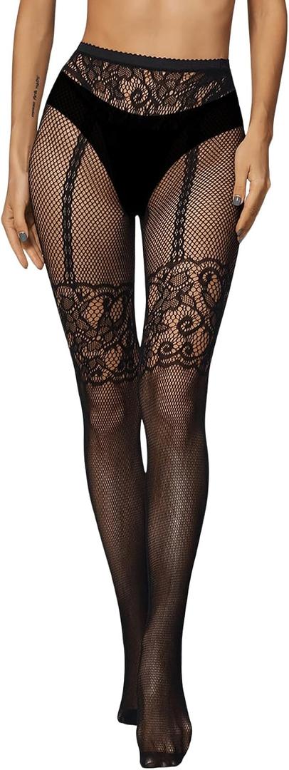 OYOANGLE Women's Floral Lace Fishnet Mesh Tights High Waisted See Through Sheer Pantyhose (Black)
