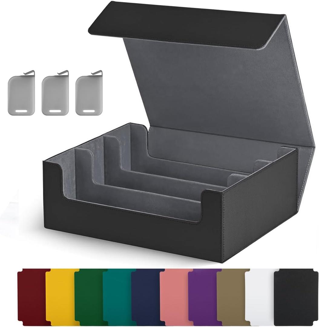 Trading Card Storage Box, Holds 1800 Sleeved Cards with 10 Dividers & 3 Stoppers, Magnetic Closure PU Leather Card Case for MTG, PTCG, YGO, Sports Cards (Black) (A1-Black&Grey)