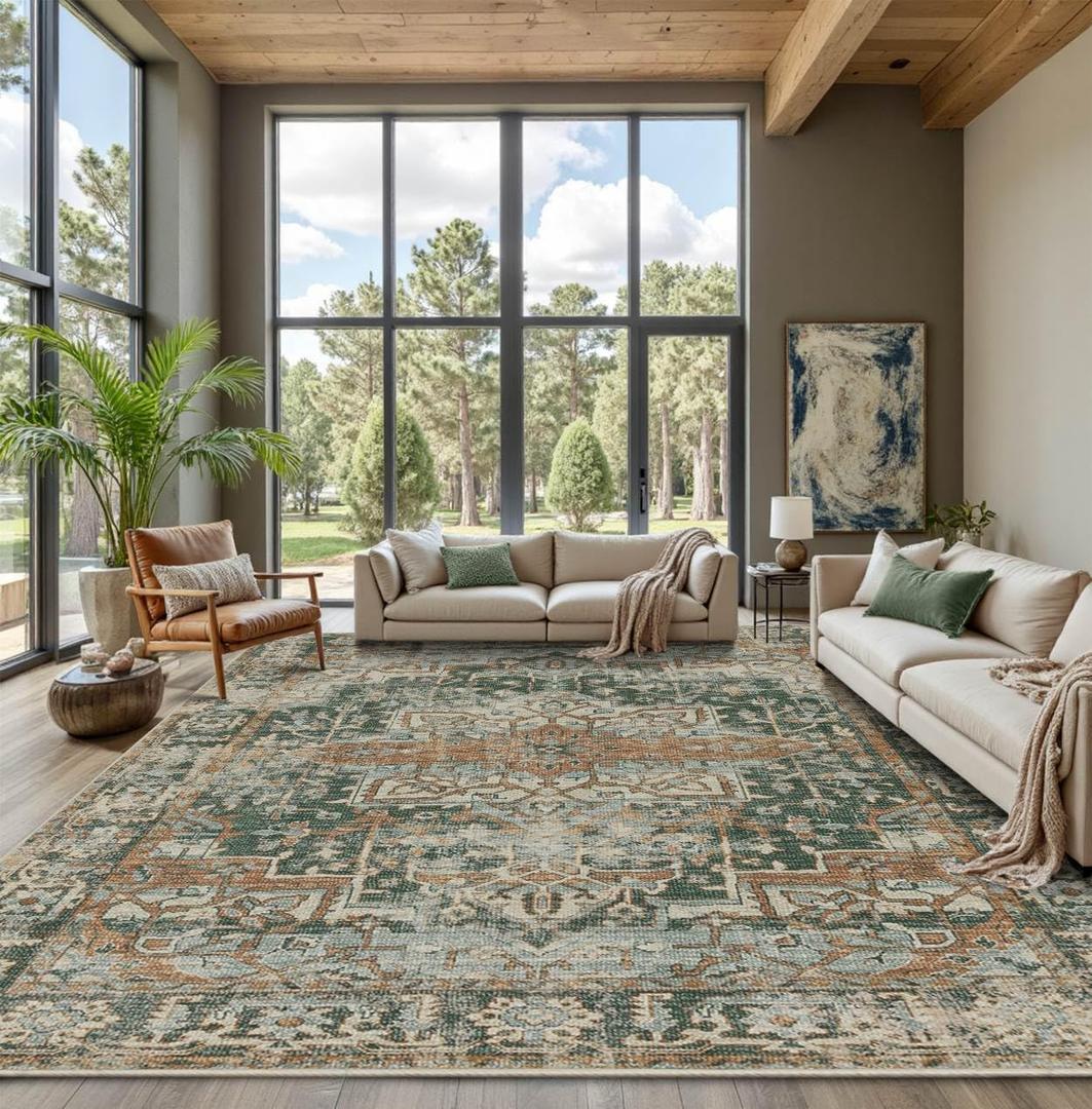 9x12 Area Rug for Living Room Bedroom, Extra Large Washable Rug, Green Vintage Retro Boho Rug, Non Slip & Low Pile Faux Wool Carpet for Indoor Dining Room and Kids Room(Green/Brown 9x12ft)