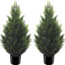 3FT Artificial Cedar Topiary Tree Lifelike Faux Cedar Pines Christmas Trees UV Rated Faux Shrubs Everygreen Plants for Front Porch Outdoor Decor Set of 2