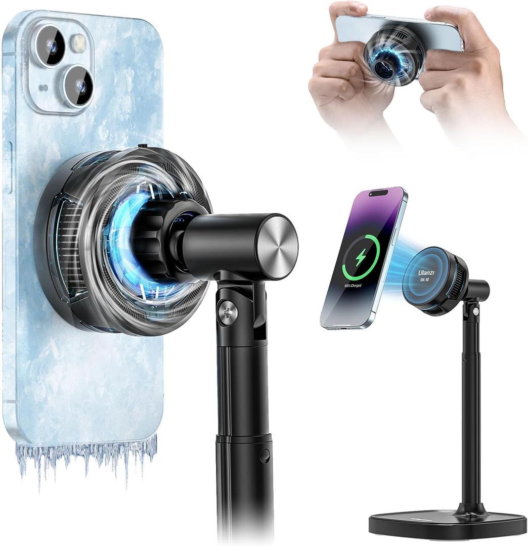 ULANZI SK-10 3 in 1 Semiconductor Cooling Fan - Magnetic Cell Phone Stand & Wireless Charger, Height Adjustable Desk Holder Compatible with iPhone 17/Pro/Pro Max for Live Streaming, Gaming & Office