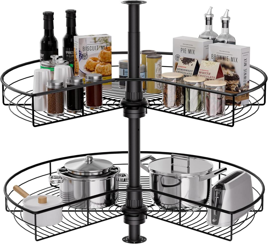 Corner Cabinet Lazy Susan, HANKEY Kitchen Corner Cabinet Organizer with 360 Rotating Metal Turntable2-Tier Kidney-Cut Shaped Lazy Susans with 22.3~31.1in Height Adjustment,Black