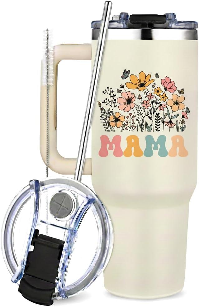 Mama Tumbler Gifts40oz Tumbler with Handle for Moms, Travel Tumbler Gifts for Mother's Day women Birthday Christmas, Mama s Gift from daughter and Son,Creamy-Mama