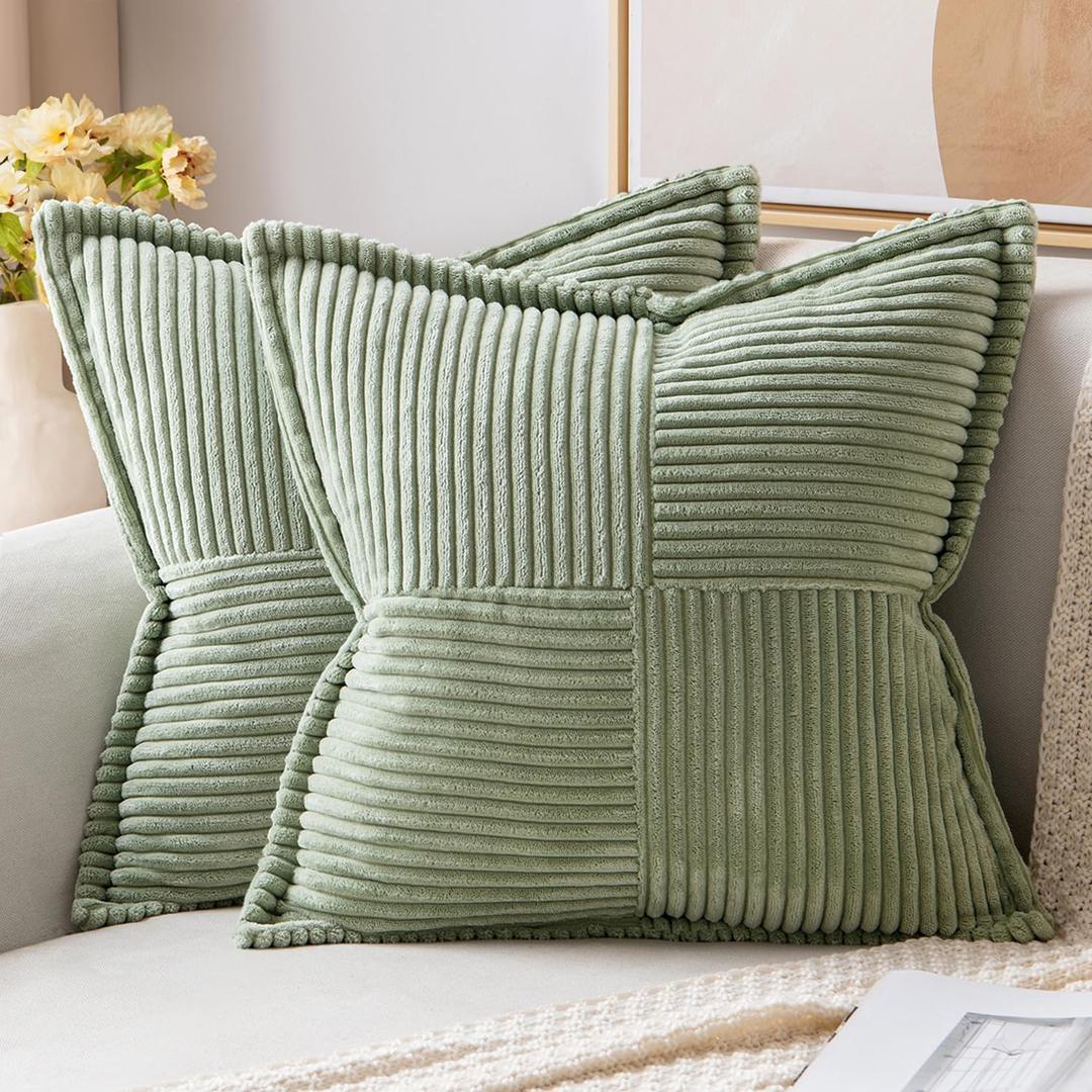 MIULEE Spring Decorative Throw Pillow Covers for Couch Bed Livingroom 20x20 Inch Set of 2 Sage Green Boho Accent Throw Pllows Broadside Striped Patchwork Soft Corduroy Pillowcases