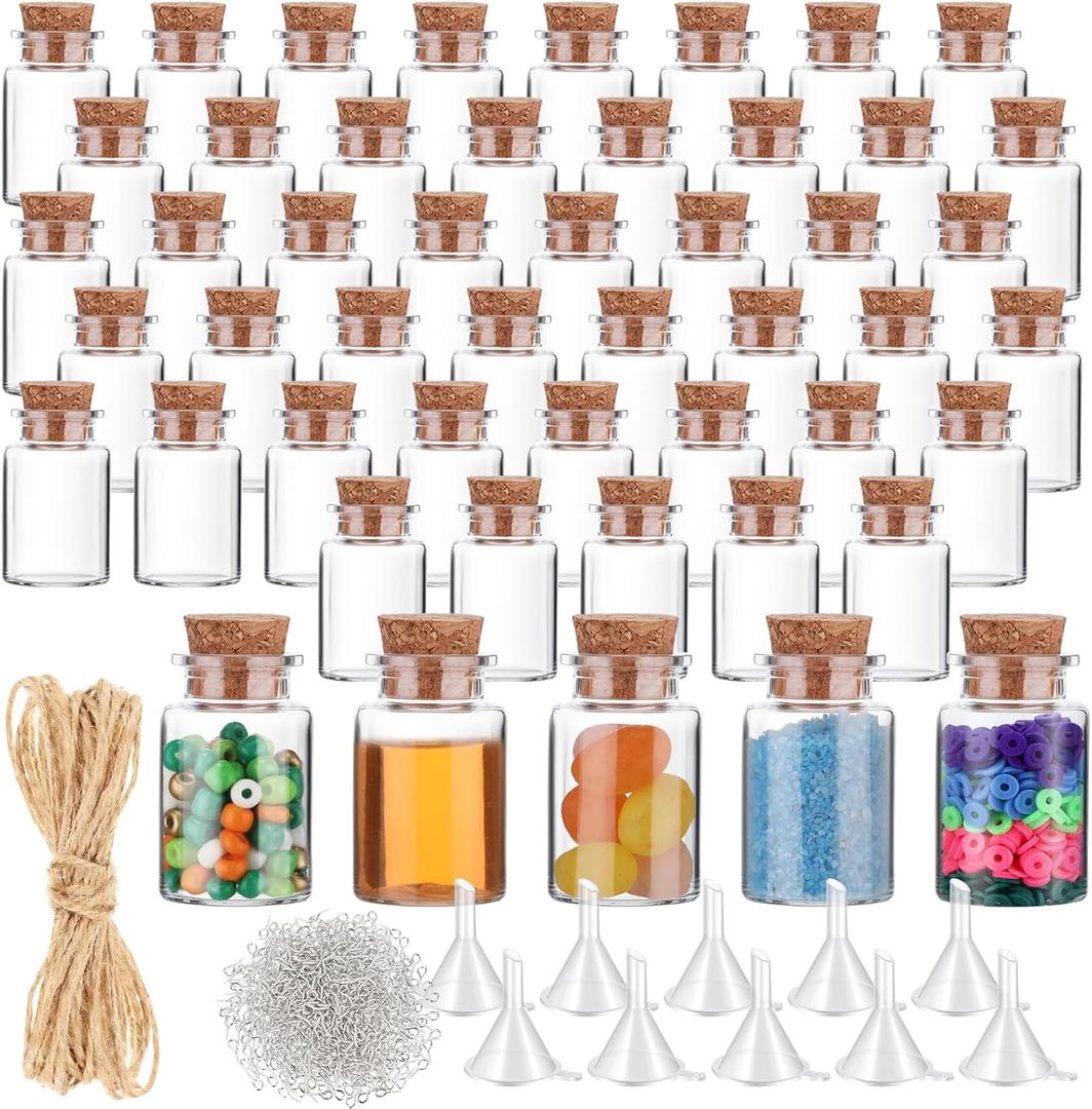 Bokon 50 Packs Mini Plastic Bottles with Corks Stoppers Eye Screws Funnels Small Potion Bottles Tiny Clear Sand Art Jar Wishing Vial for Birthday Party DIY Crafts Gift
