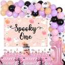 JOYMEMO Halloween 1st Birthday Decorations Girl, Spooky One Backdrop Tablecloth with Pink Purple Halloween Balloon Garland Arch Kit, The Spooky One Cake Topper Cupcake Toppers Party Supplies