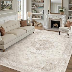 Beige Area Rug 8x10 Washable Vintage Carpet for Living Room Bedroom Large Soft Retro Low Pile Thin Indoor Rug Non Slip Oriental Medallion Floor Cover for Dining Room Office