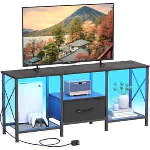 LED TV Stand with Fabric Drawer, Entertainment Center for 50 55 Inch TV, Industrial TV Console Table with Open Storage Shelves for Living Room, Bedroom, Black