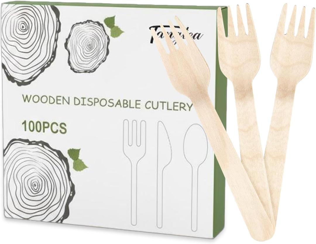 100 Pack Disposable Wooden Forks, 6.2 Inch Splinter-Free Birch Cutlery, Compostable Forks & Biodegradable Fork Alternative to Plastic for Weddings, BBQ, Parties, Camping & Catering