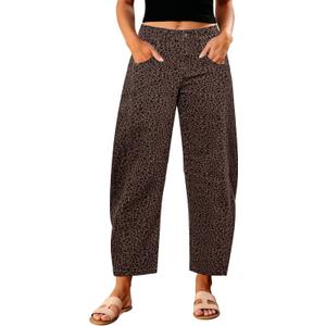 GRAPENT Barrel Jeans for Women Trendy High Waisted Wide Leg Baggy Cropped Relax Fit Stretch Denim Trouser Ankle Pants (Large, Leopard)