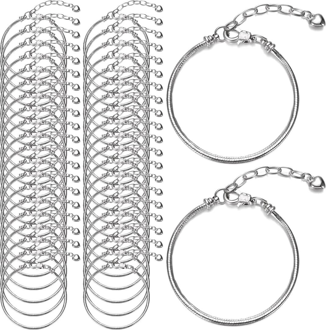 Hicarer 27 Pieces Snake Charm Bracelet Chain Adjustable Charm Bracelet Chain with Heart Shape Extender Copper DIY for Women Jewelry Making(6.3 Inch,Silver)