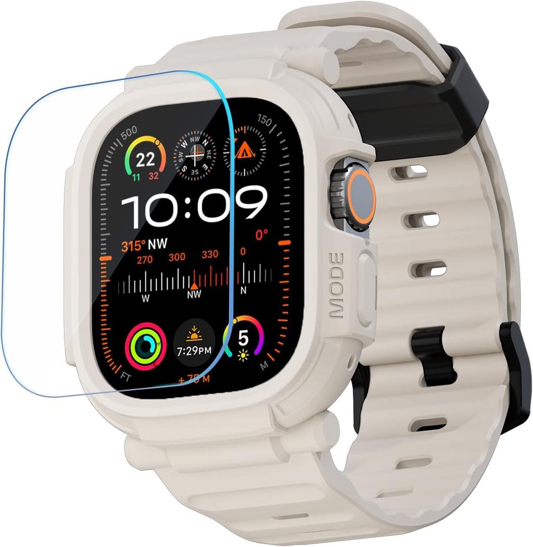 elkson Made or Apple Watch Ultra 2 1 Band case 49mm Screen Protector Tempered Glass, Quattro Pro Series Rugged for iWatch bumper strap Military Grade Durable Protective Cover Shock Proof Starlight