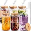 16 Oz Drinking Glasses - 6 Pcs Glass Cups with Bamboo Lids and Straws, 6 Count
