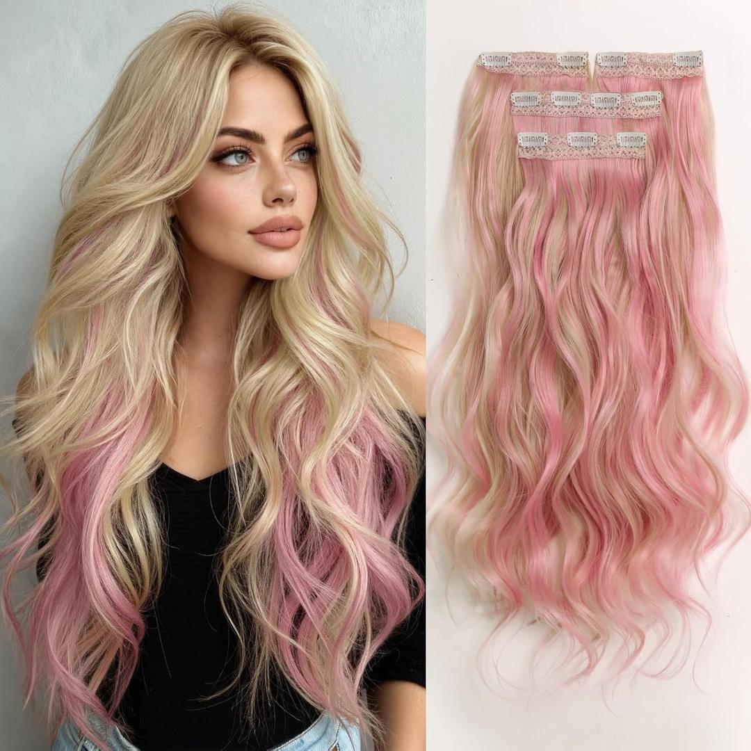 Clip in Hair Extensions 25 Inch 4PCS Long Wavy Synthetic Hair Pieces for Women - Heat Safe Thick Natural Fake Hairs Extensions Double Weft Clip Ins Party Daily Use Blonde Mix Pink