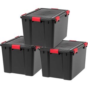 IRIS USA WeatherPro 74 Qt Storage Bins with Lids, 3 Pack, BPA-Free Plastic Gasket Box with Tight Latch and Seal, Stackable Nestable Tote Tub - Black/Red