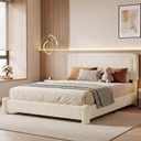 Queen Size Bed Frame, Boucle Bed Frame with Adjustable Headboard, Modern Upholstered Platform Bed with Wood Slats, Soft Rounded Corners, No Box Spring Required, Noise-free, Easy Assembly, Light Beige