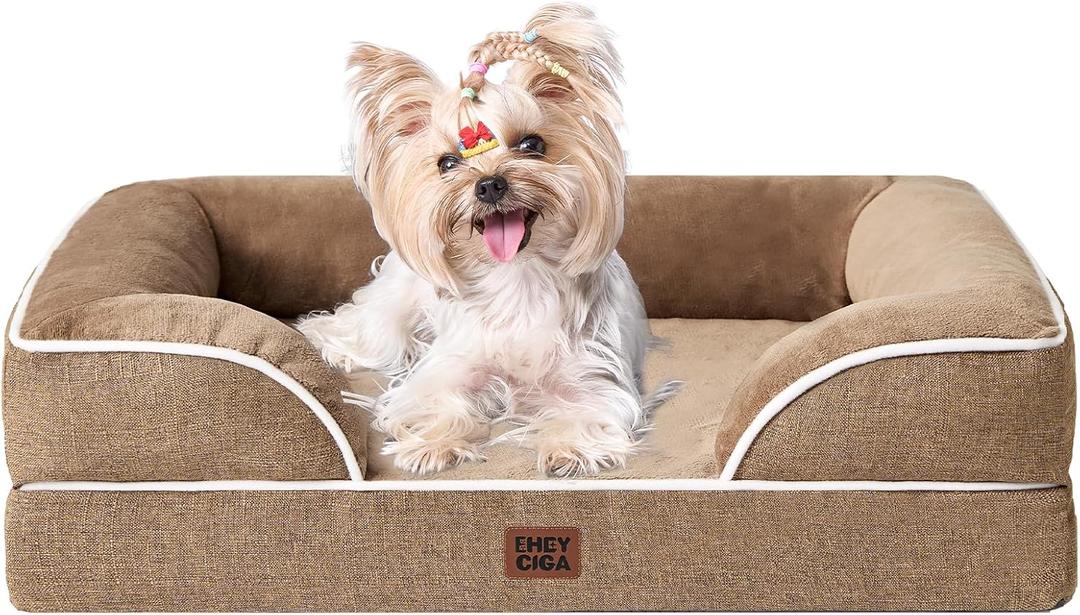 EHEYCIGA Orthopedic Dog Bed for Small Dogs, Waterproof Memory Foam Small Dog Beds with Sides, Non-Slip Bottom and Egg-Crate Foam Medium Pet Couch Bed with Washable Removable Cover, Camel (24.0"L x 18.0"W x 6.0"Th)