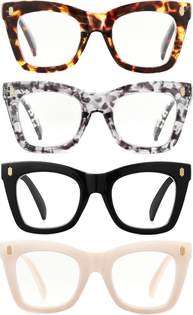 JM 4 Pack Oversized Reading Glasses for Women, Cat Eye Trendy Oprah Style Blue Light Blocking Computer Readers for Women +2.0
