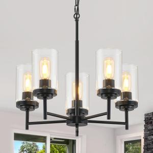 5-Light Farmhouse Glass Chandelier, Modern Black Chandelier for Dining Room Island Lights Industrial Hanging Foyer Lighting Fixtures Chandeliers for Entryway Kitchen Living Room Adjustable Height