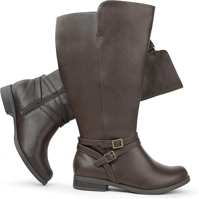 Chicblooms Women's Super Extra Wide Calf Side Zipper Double Buckle Knee High Riding Boots, Size 9,5