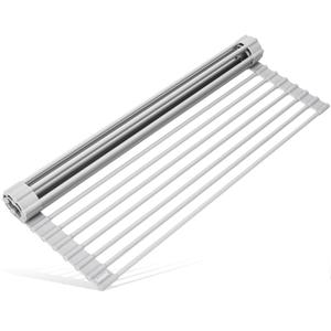 Surpahs 17.5 x 13.1 Inch Roll-Up Dish Drying Rack, Fits Across Sink Openings up to 16.5 Inches, Heavy-Duty Premium Silicone, Strong Support, Non-Slip, Heat-Resistant, Warm Gray