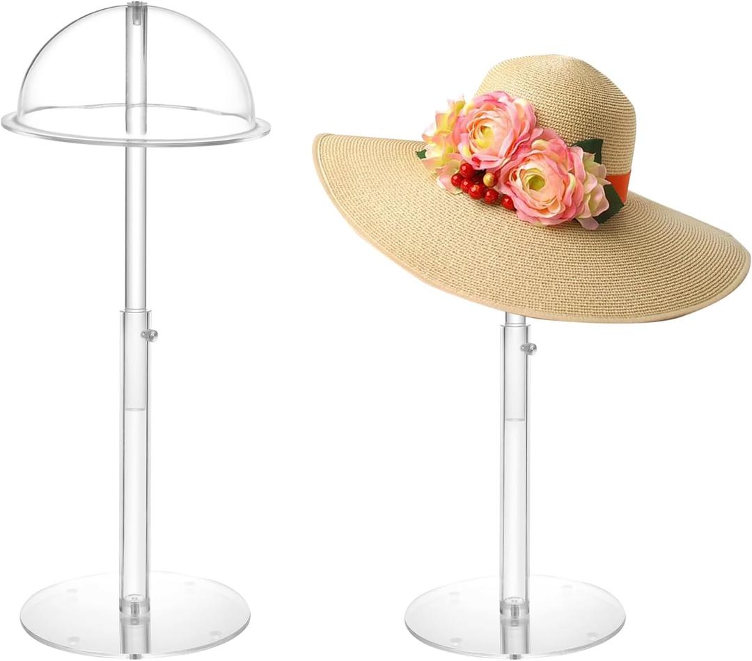 Hat Display Stands, 2 Pack 8"-16" Adjustable Height Acrylic Hat Stand, Durable Clear Cowboy Hat Holder Stand, Dome Top with Brim, Baseball Cap Rack Wig Holder Display Stands for Vendors Salons