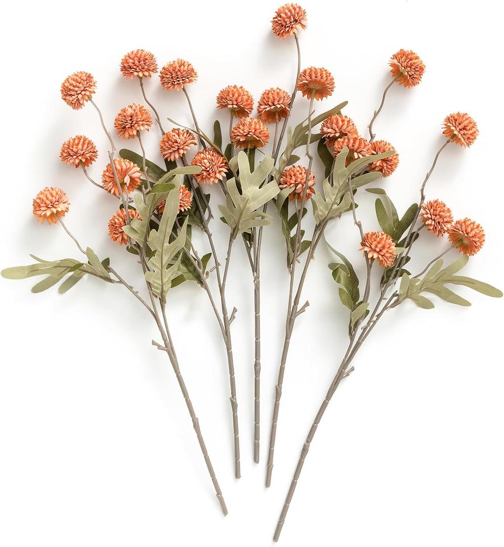 Ling's moment Pompon Mum Artificial Flower, 5pcs Faux Silk Mini Chrysanth with Stems, Bulk Fake Wedding Filler Flowers for DIY Bouquet Centerpieces Arrangements Shower Decorations, Burnt Orange