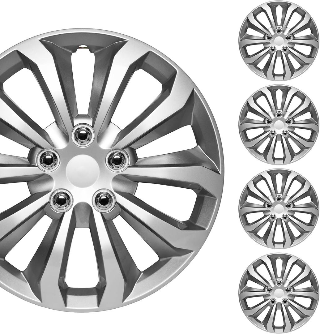 BDK 16 Inch Hubcaps Set of 4 - OEM Replacement Snap-On Wheel Rim Covers - Universal Fit Car Wheel Cover for Cars, Trucks, SUV, Vans Durable ABS Silver & Gunmetal Hub-Cap Car Accessories Exterior