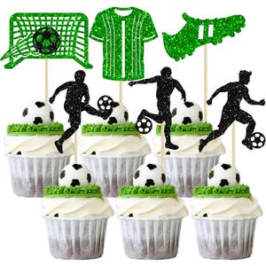 Gyufise 24Pcs Soccer Cupcake Toppers Glitter Football Cupcake Picks Sport Cake Decorations for Soccer Ball Theme Men Birthday Party Favor Supplies Green