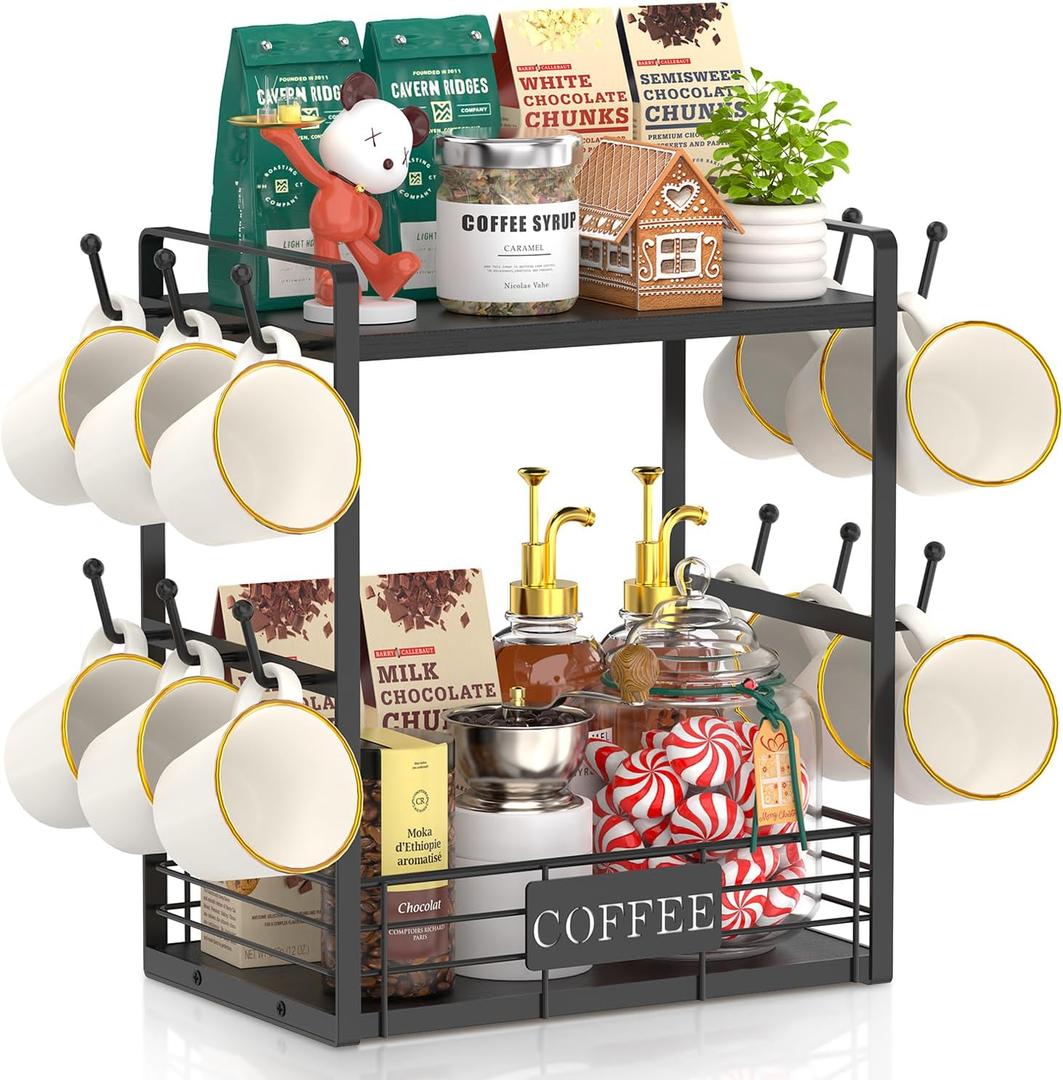 EsLuker.ly Coffee Bar Station Organizer Mug Cup Holder Stand for Countertop, Multi-Functional 2 Tier Mug Tree Rack for Kitchen, Storage Shelf with 12 Hooks, Black(Patented Design)