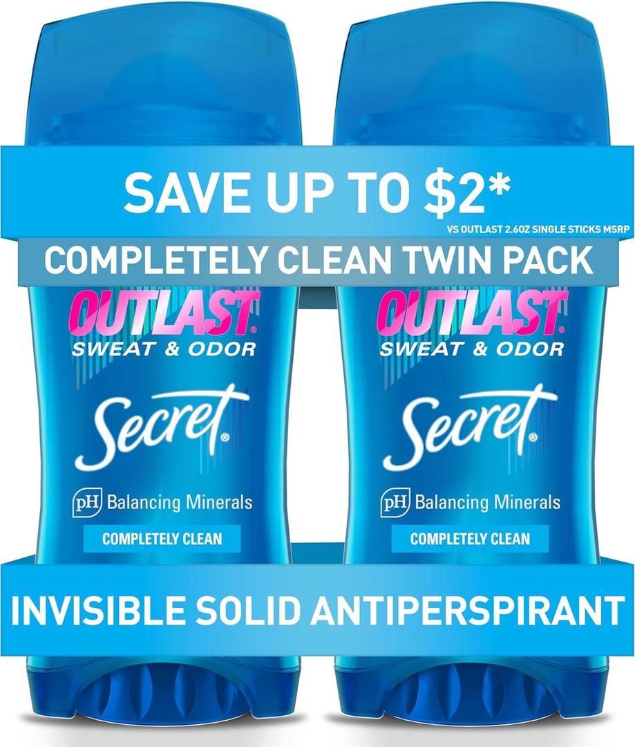 Secret Outlast Antiperspirant Deodorant for Women, 72hr Sweat & Odor Protection, PH Balancing Minerals, Invisible Solid, Completely Clean Scent, 2.6 oz (Pack of 2) (2.6 Ounce (Pack of 2))