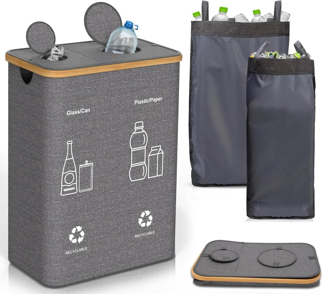 Recycling Bin, Recycling Bins for Kitchen Home, Double Recycle Bins Indoor, 33 Gallon 125L Large Recycle Bin with Lid Removable Reusable Inner Bag, Collecting Bottles Can Glass Plastic Metal Waste