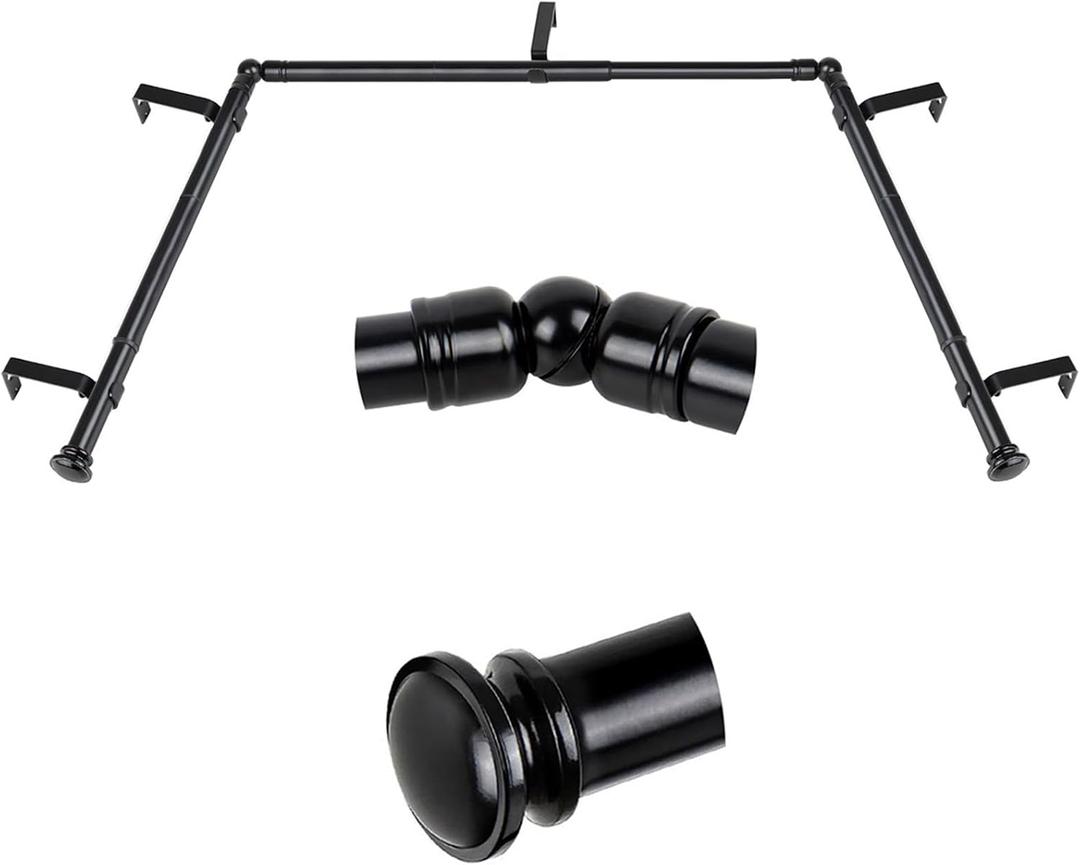 TONIAL Bay Window Curtain Rods, 36 to 72 Inch Center Rod for Windows, 20 to 36 Inch Side Rods for Window 3/4 Inch Decoratice Drapery Rods with Small Cap End, Black