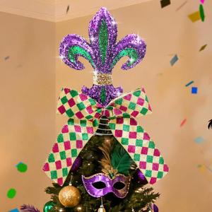 12 Inch Mardi Gras Tree Topper Fleur-de-lis Tree Topper Decorations Classic Purple Green Gold Glitter Metal Mardi Gras Ornament for Carnival Holiday Party Holidays Ornaments Decorations