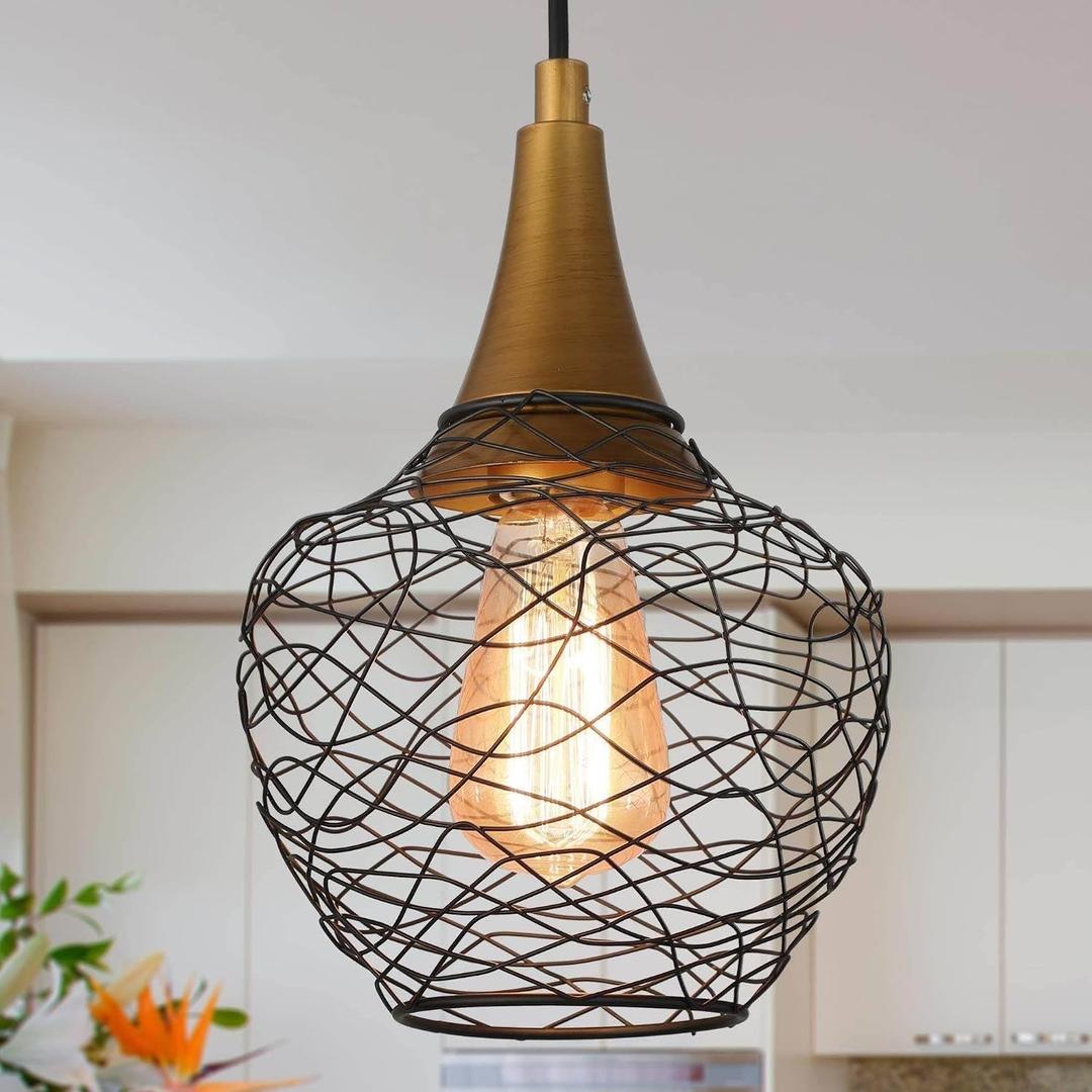 KSANA Modern Industrial Pendant Light, Black Open-Cage Hanging Light with Brushed Antique Gold Accent, Adjustable Ceiling Light Fixture for Kitchen Island, Dining Room, Foyer, or Bedroom