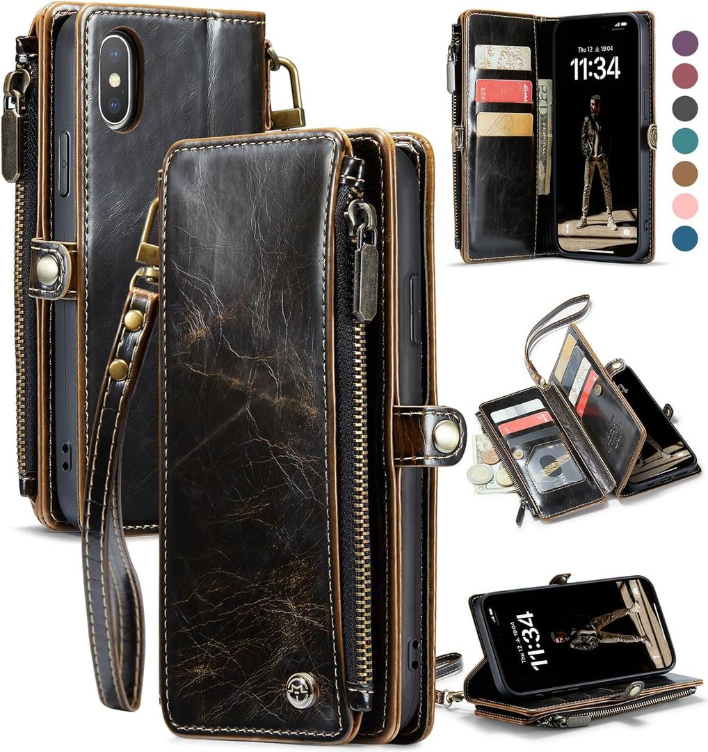 Defencase Compatible with iPhone Xs MAX Case Wallet with RFID Blocking Card Holder for Women Men, Fashion PU Leather Magnetic Snap Flip Zipper Strap Wallet Phone Case Fit for iPhone Xs MAX, Coffee