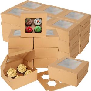 Oungy 100 PCS Cupcake Boxes 4 Count Cupcake Containers Brown Kraft Paper Cupcake Boxes Treat Boxes with Insert 4 Cavity for Muffins Cookies Cupcakes Macarons Donuts6x6x3 Inch