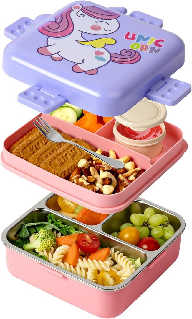 Freshmage Stainless Steel Double-Layer Bento Box Container with 3 Compartments, Large Capacity Leakproof and BPA Free Bento Lunch Box, Durable,Drop-Proof, Dishwasher Safe, Pink, 8.26*8.14*4.01in