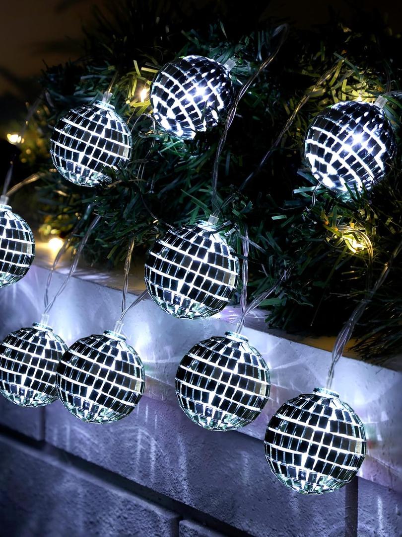 BBTO LED Disco Ball String Light Battery Powered Mirror Balls Ornaments for Outside Backyard Porch 70s 80s Disco Party Supplies(1.57 Inch,Black)