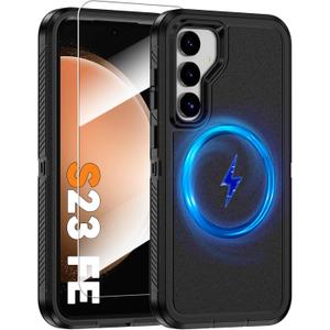 Magnetic Case for Samsung Galaxy S23 FE 5G [Compatible with Magsafe] [Glass Screen Protector] [Dual Layer Military-Grade Protection] Heavy Duty Shockproof Cover for Samsung S23 FE 6.4 inch, Black