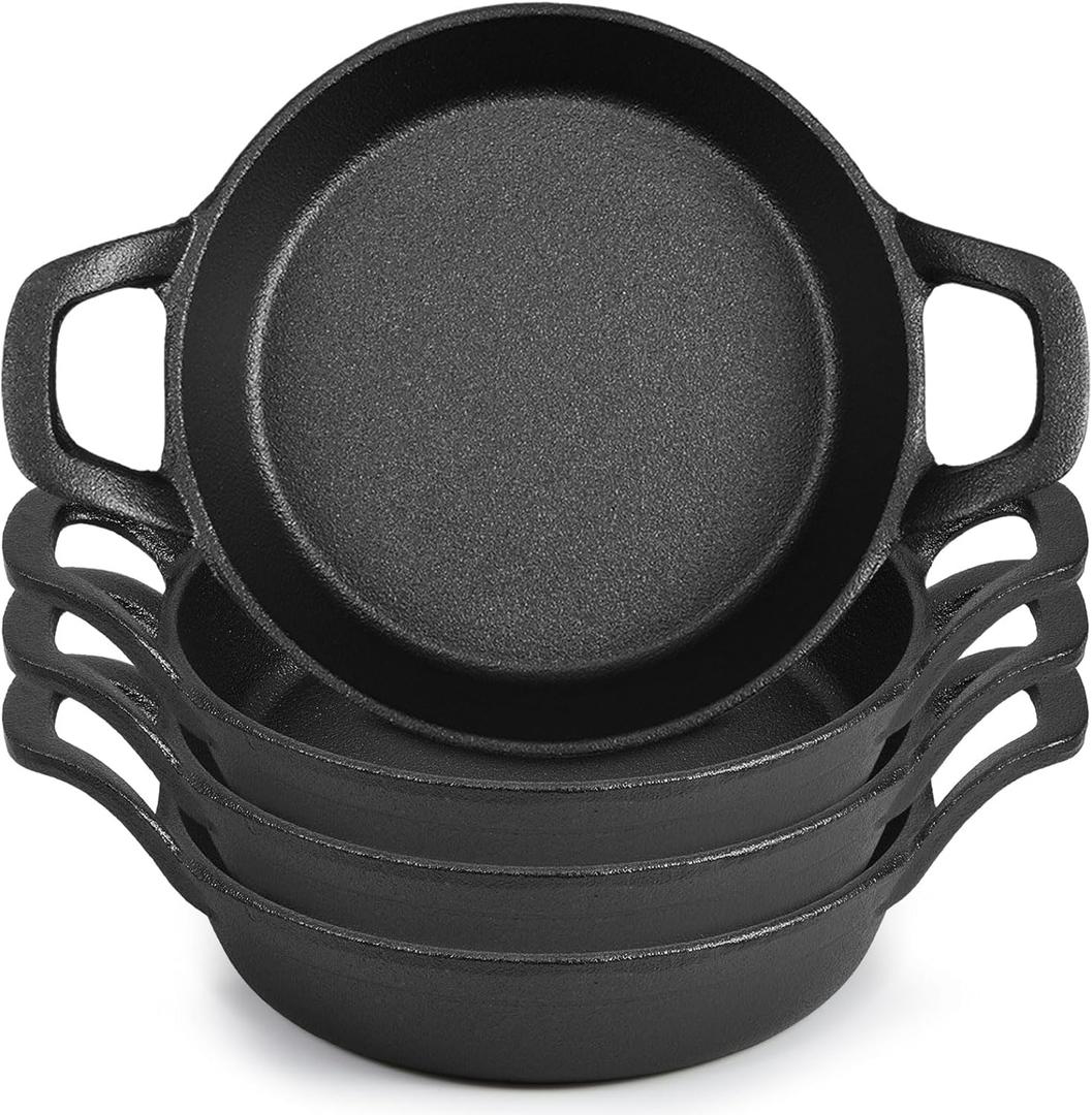 Mini Cast Iron Skillets 6.3 x 6.3 x 1.5 Inch Cast Iron Pan Small Ramekin Set Black Casserole Dish Cookware Oven Safe Mini Skillets for Kitchen Indoor Outdoor Picnic (4 Pack)